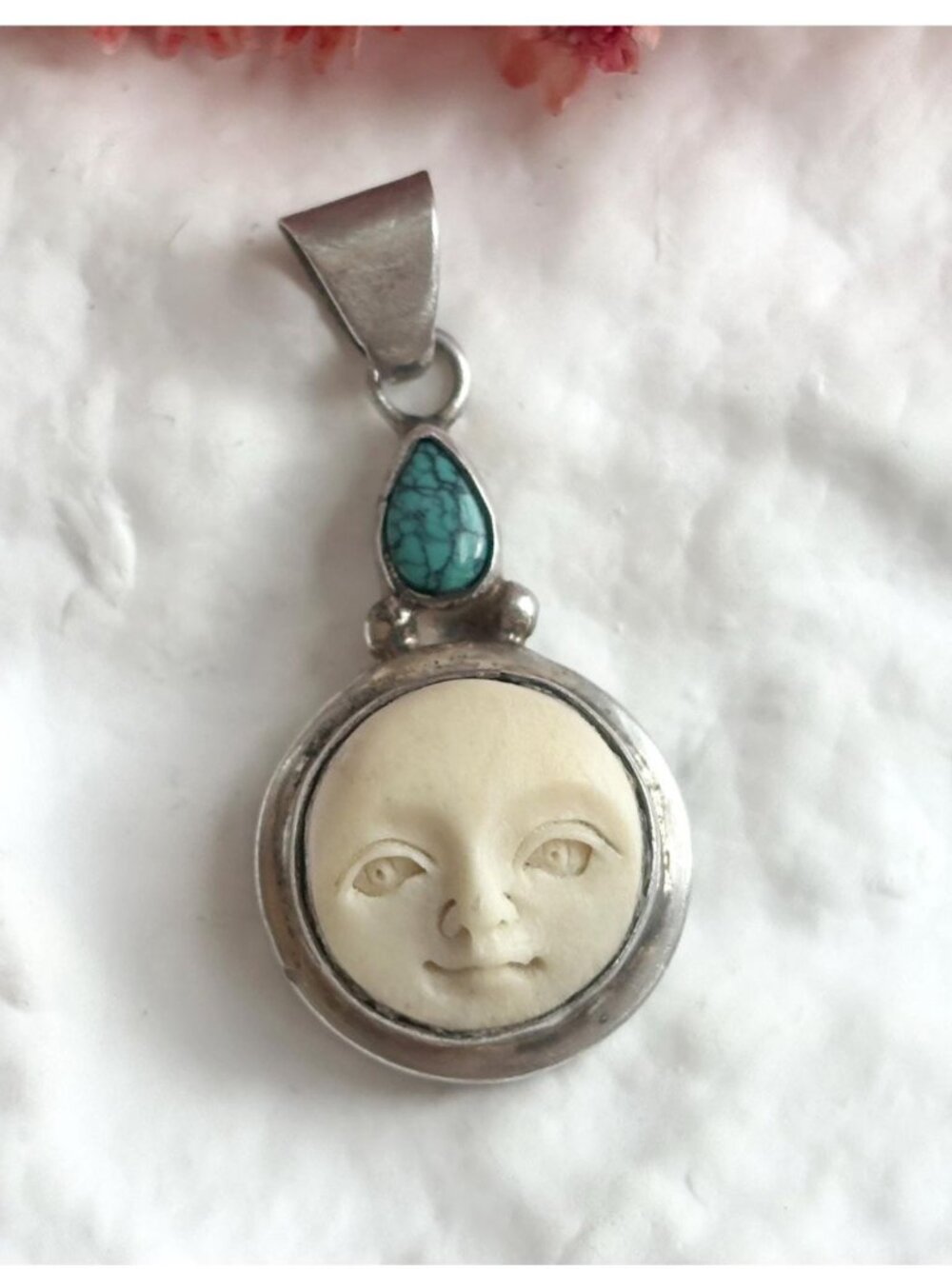 Rare Moon Face Carved & Turquoise Gemstone Sterling Silver 925 Vintage Pendant